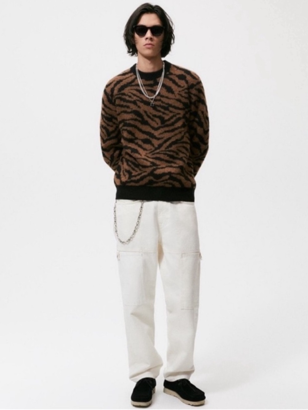 Zara Brown and Black Tiger-Stripe Crewneck Sweater Size XL